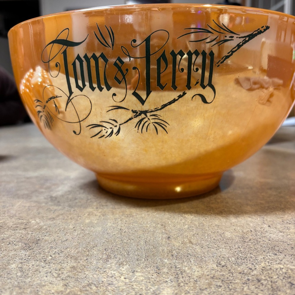 VTG Fire King Tom & Jerry Punch Bowl Set Peach Luster Glass 10 Mugs 1950s MCM
